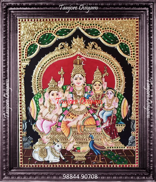 Handmade Siva Family Tanjore painting Shiva Parvathi Ganesha Murugan Nandi peacock gold foil artwork